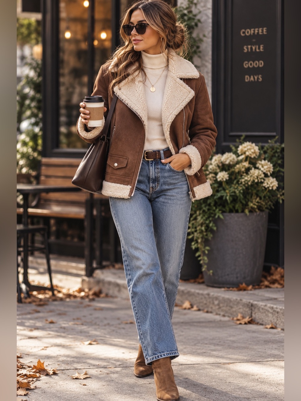 Avec Les Filles XS Brown Faux Shearling Aviator Moto Jacket Sherpa Lined